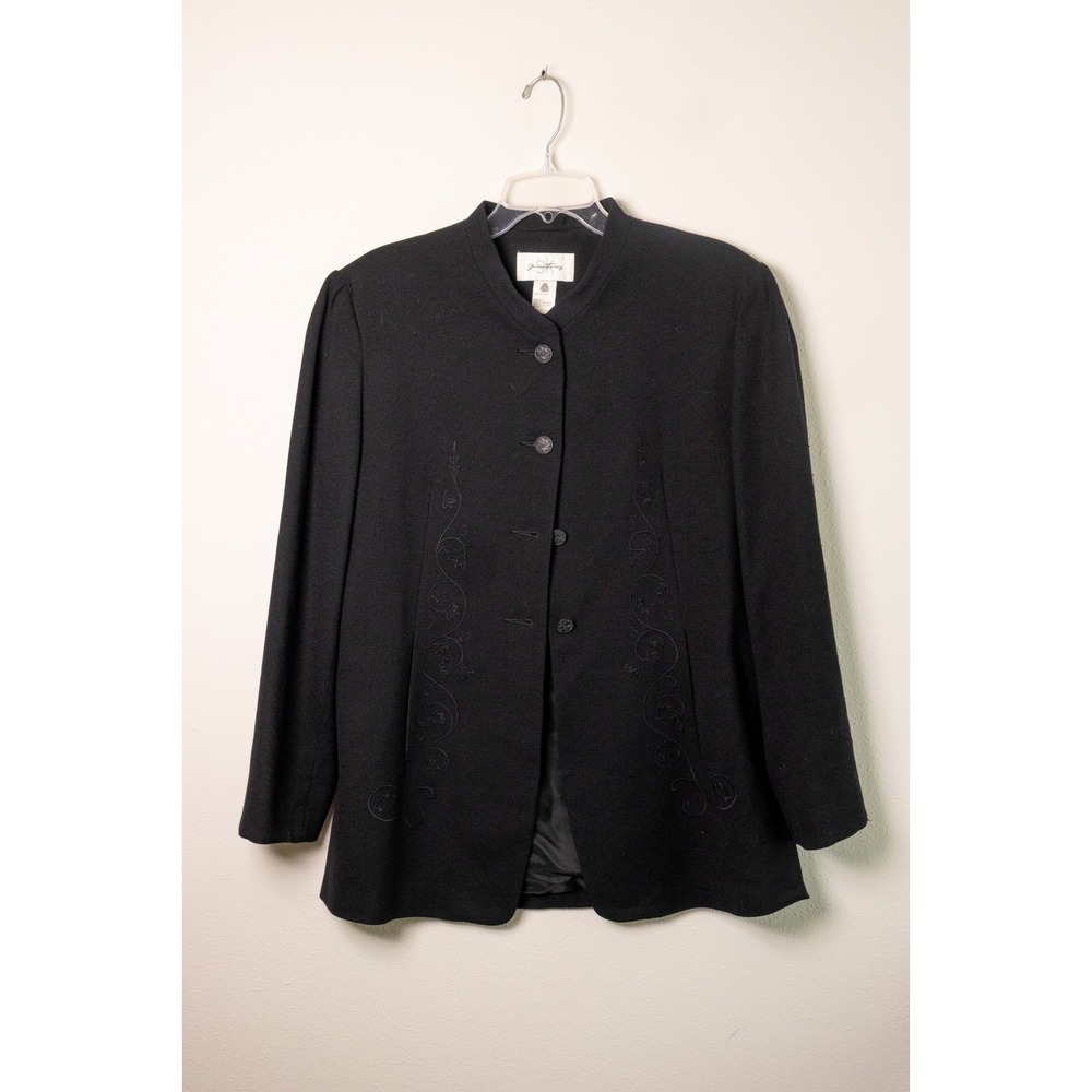 Jessica Tierney 100% Wool Blazer 14 Black Embroidered Mandarin Collar Vintage